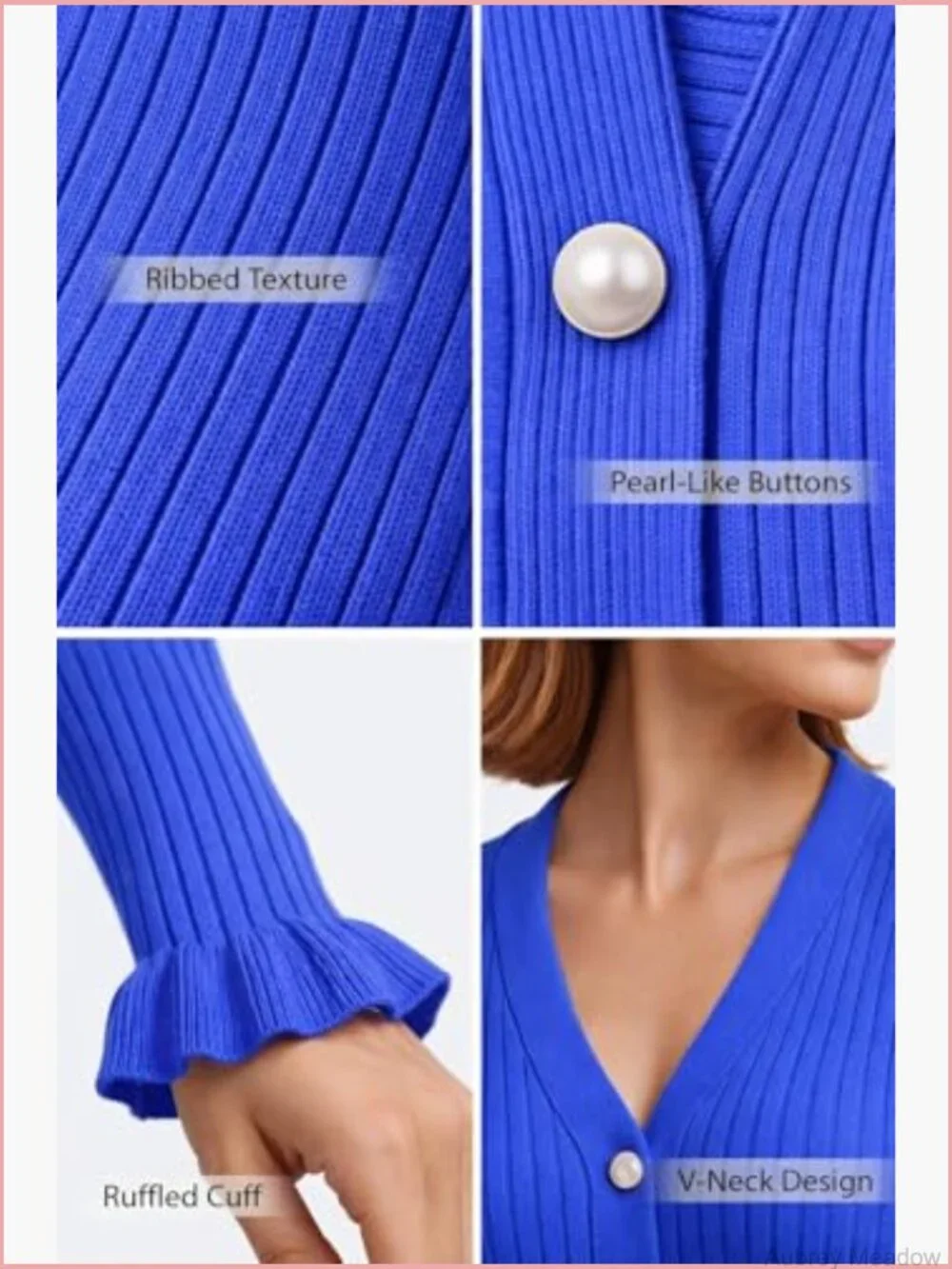 Ruffled Trim Ribbed Knit V-Neck Pearl Button Cardigan - Picture 7 of 7